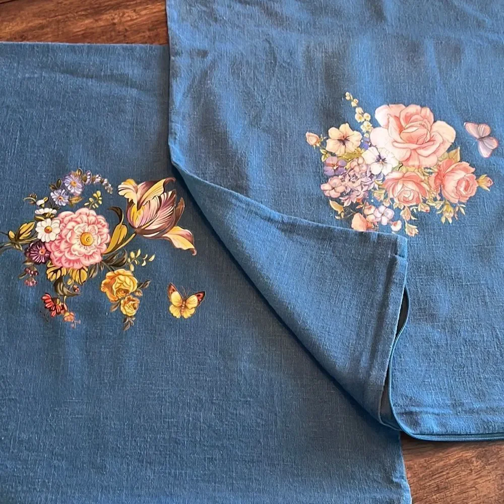 IKEA Blue Upcycled Pillow Covers w/ Floral Transfers w/ Zipper Closure- 2 pcs.